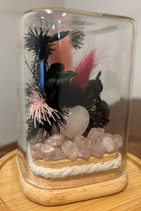 CRYSTAL TERRARIUM - MINI ROSE QUARTZ + BLACK & PINK FLORALS