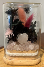 Load image into Gallery viewer, CRYSTAL TERRARIUM - MINI ROSE QUARTZ + BLACK &amp; PINK FLORALS
