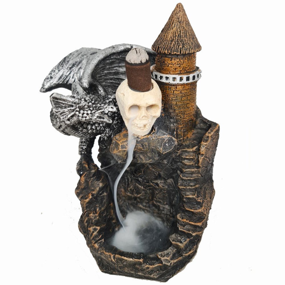 POLYRESIN BACKFLOW BURNER - SILVER DRAGON SKULL CASTLE