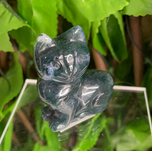 MOSS AGATE CAT CARVING