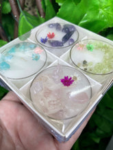 Load image into Gallery viewer, TEA LIGHT UNSCENTED CANDLES - INFUSED WITH CRYSTALS 4 PACK
